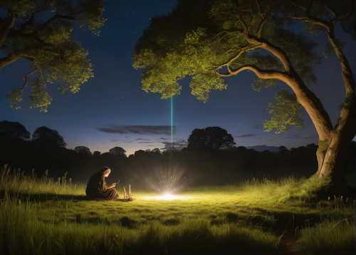 fireflies,tree torch,digital compositing,drawing with light,firefly,lens flare,campsite,long exposure light,searchlights,visual effect lighting,light trail,light drawing,beam of light,light phenomenon,easter island,magic tree,steelwool,tribute in light,night scene,campfire,Illustration,Paper based,Paper Based 23