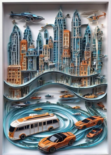water taxi,floods,futuristic landscape,water bus,speedboat,powerboating,water transportation,boat rapids,f1 powerboat racing,personal water craft,city cities,taxi boat,pedal boats,urbanization,surfboat,metropolises,futuristic architecture,sci fiction illustration,submersible,harbour city,Unique,Paper Cuts,Paper Cuts 09