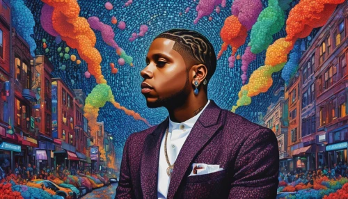 kendrick lamar,novelist,album cover,harlem,beatenberg,street chalk,psychedelic art,chance,artwork,dizzy,cd cover,high-wire artist,art,prophet,hip hop music,a black man on a suit,artist color,mural,music background,spotify icon,Conceptual Art,Daily,Daily 31