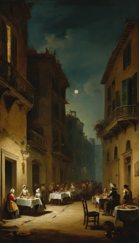 night scene,rome night,italian painter,rome at night,evening atmosphere,street scene,concerto for piano,moonlit night,street musicians,night watch,nocturnes,romantic scene,children studying,in the evening,venetian,naples,gondolier,piano player,sicilian cuisine,gas lamp,Art,Classical Oil Painting,Classical Oil Painting 35