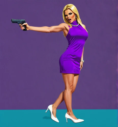 woman holding gun,girl with a gun,girl with gun,olallieberry,holding a gun,purple background,purple dress,ammo,cd cover,femme fatale,purple,gunpoint,spy,snipey,girl-in-pop-art,la violetta,defense,purple rizantém,modern pop art,barbie,Illustration,Vector,Vector 19