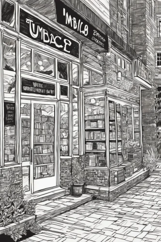 watercolor shops,bookstore,bookshop,store fronts,convenience store,book store,watercolor tea shop,bakery,storefront,grocer,store front,liquor store,brandy shop,pharmacy,watercolor cafe,pencil drawings,soap shop,chalk drawing,hand-drawn illustration,arcade,Illustration,Black and White,Black and White 10