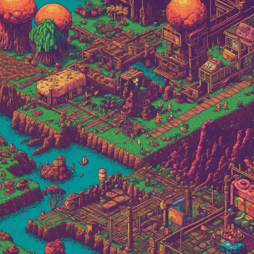 ancient city,aurora village,fairy village,villages,resort town,forests,fantasy city,artificial island,tileable,industrial area,the forests,lagoon,knight village,refinery,necropolis,mushroom island,peninsula,swamp,oasis,isometric,Unique,Pixel,Pixel 04