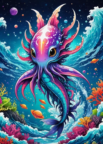 sea animal,sea-life,deep sea,cephalopod,sea creatures,deep sea nautilus,under sea,mermaid background,the zodiac sign pisces,octopus vector graphic,under the sea,deep sea fish,sea animals,kraken,cephalopods,fun octopus,god of the sea,octopus,cuthulu,merfolk,Illustration,Japanese style,Japanese Style 04