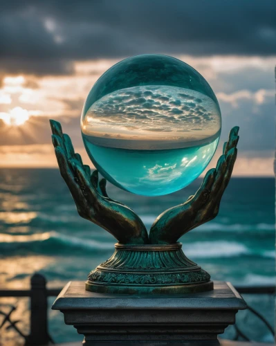 crystal ball-photography,crystal ball,glass sphere,lensball,glass ball,waterglobe,lens reflection,earth in focus,looking glass,orb,ocean background,swirly orb,globes,porthole,window to the world,reflection of the surface of the water,magic mirror,refraction,parabolic mirror,globe,Photography,General,Fantasy