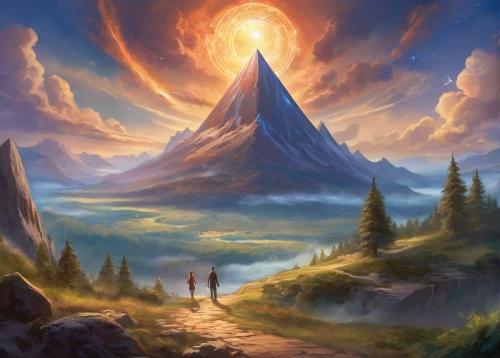 mountain sunrise,fantasy landscape,fantasy picture,mountain landscape,fire mountain,mountain scene,mountain world,landscape background,cloud mountain,mountainous landscape,mountain,the spirit of the mountains,mountain peak,stratovolcano,fantasy art,alpine crossing,northrend,5 dragon peak,high mountains,volcanic landscape,Illustration,Realistic Fantasy,Realistic Fantasy 01