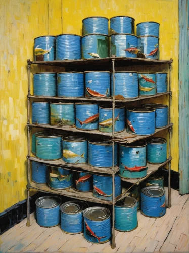 wooden buckets,containers,tin cans,paint cans,container drums,container,wooden bucket,tea tin,yellow cups,jars,storage-jar,tin can,pots,paint boxes,portuguese galley,stacked containers,vincent van gough,canning,enamel,tin,Art,Artistic Painting,Artistic Painting 03