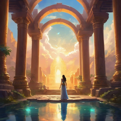 the pillar of light,the mystical path,pillars,hall of the fallen,ancient city,the ancient world,artemis temple,fantasy picture,games of light,world digital painting,eternity,fantasy landscape,summer solstice,ancient,woman at the well,egyptian temple,atlantis,kingdom,heaven gate,sanctuary,Illustration,Realistic Fantasy,Realistic Fantasy 01