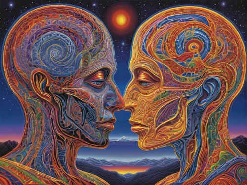 two people,into each other,man and woman,psychedelic art,gemini,trip computer,connection,connectedness,self unity,couple - relationship,consciousness,face to face,dimensional,on each other,duality,polarity,connected,connections,mirror of souls,tantra,Illustration,Abstract Fantasy,Abstract Fantasy 21