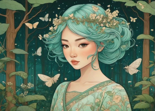 fantasy portrait,flora,faerie,dryad,flower fairy,girl with tree,faery,mint blossom,garden fairy,mystical portrait of a girl,fairy queen,forest clover,jasmine blossom,digital illustration,natura,forest flower,girl in flowers,girl in the garden,fairy forest,fairy,Illustration,Japanese style,Japanese Style 15