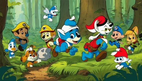 cartoon forest,scandia gnomes,happy children playing in the forest,troop,toadstools,frutti di bosco,cartoon video game background,adventure game,frog gathering,retro cartoon people,game characters,oheo gulch,stick kids,smurf,super mario brothers,stick children,tails,april fools day background,woodland animals,river pines,Illustration,Children,Children 04