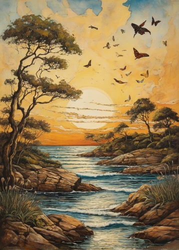 coastal landscape,robert duncanson,river landscape,sea landscape,bird migration,beach landscape,landscape with sea,birds in flight,landscape background,migratory birds,an island far away landscape,nature landscape,oil painting on canvas,khokhloma painting,seascape,natural landscape,carol colman,brook landscape,birds flying,high landscape,Illustration,Retro,Retro 06