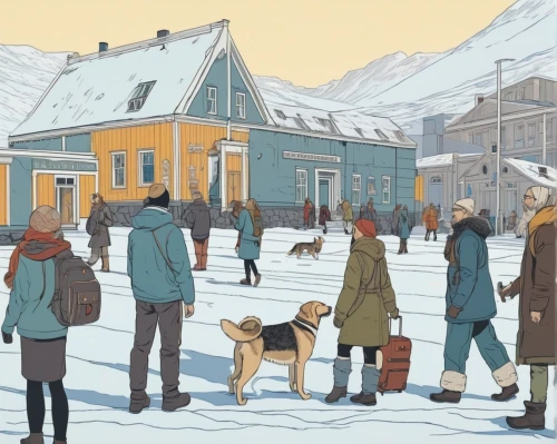 kirkenes,nuuk,reykjavik,snow scene,icelanders,gobelin,the polar circle,dog street,halden hound,russian winter,street scene,winter festival,winter village,winter trip,roumbaler,dog illustration,in the winter,skijoring,bodø,the cold season,Illustration,Vector,Vector 02