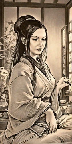 woman drinking coffee,yi sun sin,tea ceremony,japanese woman,ryokan,geisha,mulan,woman at cafe,japanese art,junshan yinzhen,mukimono,tsukemono,woman sitting,shuanghuan noble,korean folk village,chinese art,tea zen,oriental painting,asian woman,japanese tea