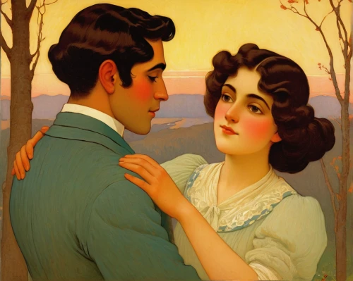 young couple,romantic portrait,courtship,as a couple,vintage man and woman,grant wood,two people,dispute,man and wife,romantic scene,honeymoon,serenade,engagement,mistletoe,vintage couple silhouette,vintage boy and girl,la violetta,film poster,romance novel,amorous,Art,Classical Oil Painting,Classical Oil Painting 14