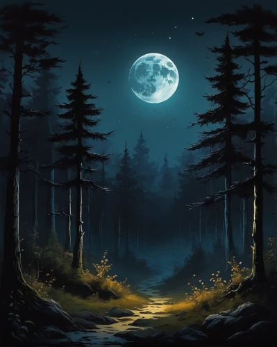 moonlit night,forest background,forest landscape,moonlit,landscape background,world digital painting,black forest,forest dark,blue moon,cartoon video game background,fantasy landscape,moonlight,lunar landscape,fantasy picture,moon and star background,full moon,haunted forest,night scene,moonscape,forest of dreams,Art,Classical Oil Painting,Classical Oil Painting 26