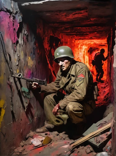 warsaw uprising,air-raid shelter,pillbox,bunker,war correspondent,lost in war,six day war,ammunition box,verdun,casemate,cellar,stalingrad,red army rifleman,eastern ukraine,jerusalem,soldier's helmet,tel aviv,paratrooper,unknown soldier,basement,Conceptual Art,Oil color,Oil Color 21