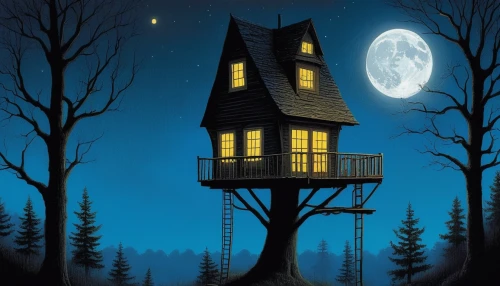 tree house,treehouse,witch house,witch's house,tree house hotel,the haunted house,house in the forest,lonely house,houses clipart,haunted house,moonlit night,little house,hanging moon,inverted cottage,house silhouette,housetop,wooden house,halloween poster,halloween illustration,halloween travel trailer,Art,Artistic Painting,Artistic Painting 48