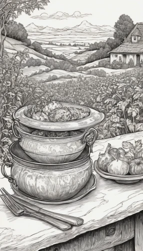 vegetables landscape,coffee tea illustration,brook landscape,kitchen garden,farm landscape,cattle trough,water trough,book illustration,still life with jam and pancakes,permaculture,hobbiton,vegetable garden,tea field,food table,illustrations,hand-drawn illustration,picnic basket,tableware,clay pot,singingbowls,Illustration,Black and White,Black and White 28