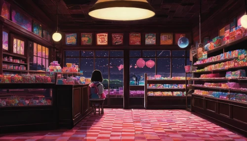 convenience store,grocery,soap shop,candy store,candies,supermarket,watercolor shops,pharmacy,pantry,grocery store,flower shop,candy shop,grocer,bookstore,bakery,confectionery,kitchen shop,ice cream shop,book store,shopkeeper,Illustration,Japanese style,Japanese Style 09