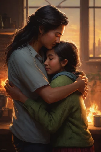 little girl and mother,warmth,mother and daughter,cg artwork,croft,capricorn mother and child,mom and daughter,romantic portrait,sci fiction illustration,digital painting,warm heart,rosa ' amber cover,the hands embrace,two girls,embrace,holding,jesus in the arms of mary,bunches of rowan,katniss,hug,Conceptual Art,Fantasy,Fantasy 16