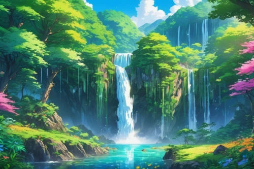 waterfall,ash falls,water falls,waterfalls,water fall,landscape background,wasserfall,a small waterfall,green waterfall,falls,forest background,mountain spring,forest landscape,bridal veil fall,fantasy landscape,underwater oasis,brown waterfall,cascade,cartoon video game background,beauty scene,Illustration,Japanese style,Japanese Style 03