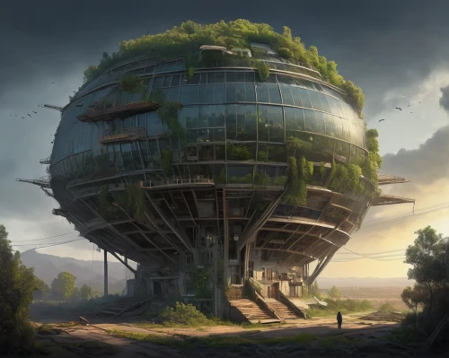 tree house,watertower,treehouse,tree house hotel,the globe,round hut,yard globe,water tower,globe,futuristic landscape,post-apocalyptic landscape,water tank,abandoned place,round house,oil tank,gas planet,post apocalyptic,earth station,airship,artificial island,Illustration,Abstract Fantasy,Abstract Fantasy 07