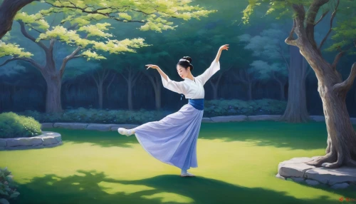taijiquan,xing yi quan,gracefulness,qi gong,dance with canvases,chinese art,baguazhang,throwing leaves,night-blooming jasmine,flying girl,junshan yinzhen,ballerina in the woods,leap for joy,whirling,fairies aloft,luo han guo,world digital painting,girl in the garden,jasmine blossom,ballet master,Illustration,Realistic Fantasy,Realistic Fantasy 18