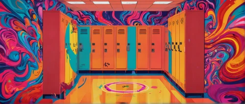 locker,hallway,doors,psychedelic art,portal,the door,washroom,door,ufo interior,metallic door,colored pencil background,cabinets,hallway space,trip computer,abstract retro,school design,computer room,pop art background,high school,psychedelic,Conceptual Art,Oil color,Oil Color 23