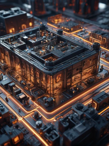 tilt shift,3d render,3d rendering,render,circuitry,circuit board,3d rendered,cinema 4d,industrial building,mining facility,solar cell base,industrial hall,motherboard,ancient city,factories,warehouse,industrial ruin,jewelry（architecture）,industrial plant,data center,Photography,General,Sci-Fi