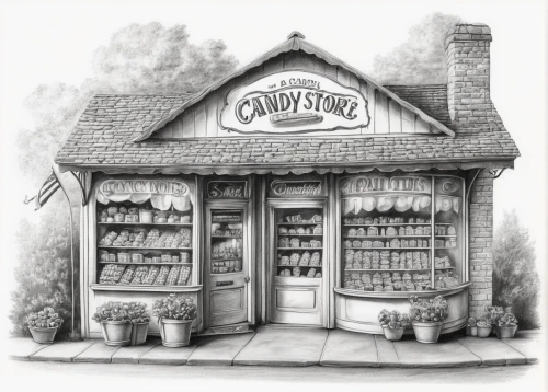 general store,candy store,candy shop,brandy shop,ovitt store,soap shop,bakery,clark's,confectionery,pastry shop,grocer,pantry,sugar house,village shop,french confectionery,bond stores,butcher shop,convenience store,soda shop,coloring page,Illustration,Black and White,Black and White 35