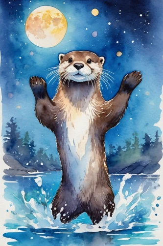 otter,rocket raccoon,otters,otter baby,raccoon,north american raccoon,sea otter,north american river otter,mustelidae,otterbaby,mustelid,raccoons,coatimundi,aquatic mammal,anthropomorphized animals,watercolor background,polecat,marten,red panda,whimsical animals,Illustration,Paper based,Paper Based 25