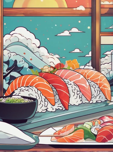 sushi set,sushi boat,sashimi,sushi art,sushi plate,nigiri,sushi,sushi japan,sushi rolls,raw fish,sea foods,sushi roll,fresh fish,seafood counter,sushi roll images,salmon roll,sea food,seafood,salmon,salmon-like fish,Illustration,Japanese style,Japanese Style 04