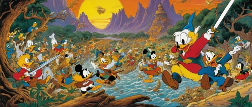 bird kingdom,the pied piper of hamelin,bird bird kingdom,animal kingdom,fantasia,cartoon forest,the disneyland resort,pied piper,elves flight,fairy world,fantasy world,disney-land,flock of birds,tulip field,fairy village,children's fairy tale,disney,walt disney world,disneyland park,walt disney,Illustration,Retro,Retro 18