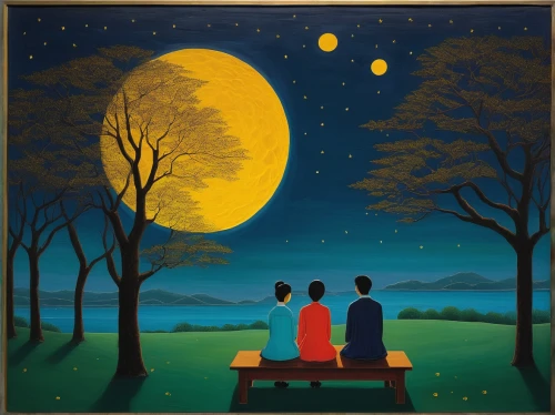 night scene,indigenous painting,khokhloma painting,moonlit night,mid-autumn festival,moon night,holy family,art painting,oil painting on canvas,moonlight,sewing silhouettes,motif,astronomers,vintage couple silhouette,romantic scene,arrowroot family,full moon day,moonlit,indian art,folk art,Art,Artistic Painting,Artistic Painting 26