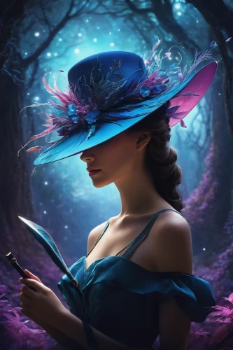 the hat of the woman,fantasy portrait,blue enchantress,witch's hat icon,fantasy picture,the hat-female,world digital painting,fantasy art,rosa 'the fairy,faerie,hatter,blue butterfly background,scythe,witch's hat,la violetta,alice in wonderland,witch hat,parasol,sorceress,digital painting,Conceptual Art,Sci-Fi,Sci-Fi 12