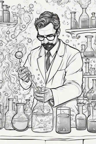 chemist,scientist,apothecary,biologist,laboratory flask,chemical laboratory,natural scientists,reagents,laboratory,fungal science,researcher,microbiologist,homeopathically,laboratory information,lab,science education,erlenmeyer,pharmacist,molecule,sci fiction illustration,Illustration,Black and White,Black and White 05