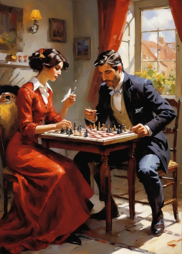 chess game,play chess,chess,chess player,chess men,woman playing,throughout the game of love,english draughts,chessboards,game illustration,vintage man and woman,courtship,chessboard,young couple,clue and white,chess board,romantic scene,man and wife,chess cube,board game,Conceptual Art,Oil color,Oil Color 09