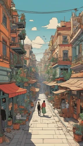 studio ghibli,bukchon,neighborhood,gobelin,moc chau hill,neighbourhood,the street,rescue alley,aurora village,kyoto,stroll,concept art,sakana,alleyway,alley,hiyayakko,chinatown,gangneoung,busan,street scene,Illustration,Vector,Vector 02