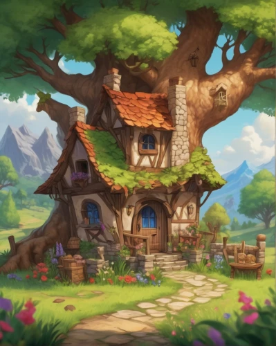 fairy village,fairy house,tree house,ancient house,druid grove,little house,witch's house,studio ghibli,house in the forest,dandelion hall,oak,treehouse,beautiful home,home landscape,oak tree,robin's nest,small house,traditional house,tree house hotel,knight village,Conceptual Art,Fantasy,Fantasy 31