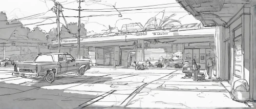 store fronts,alleyway,mono-line line art,junkyard,mono line art,concept art,railroad station,salvage yard,backgrounds,watercolor shops,suburb,ship yard,junk yard,alley,radiator springs racers,street scene,gas-station,studies,old linden alley,slums,Illustration,Black and White,Black and White 08