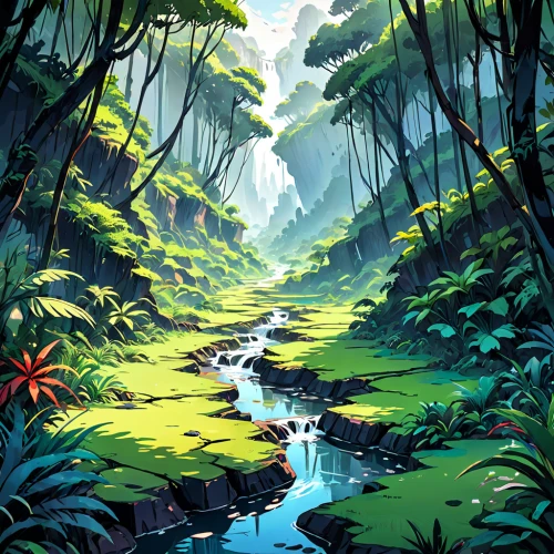 rainforest,rain forest,tropical jungle,jungle,tropics,tropical greens,streams,forests,isle,swampy landscape,mountain stream,tropical bloom,mountain spring,hawaii,tropical island,forest landscape,river landscape,forest,backwater,world digital painting,Anime,Anime,General