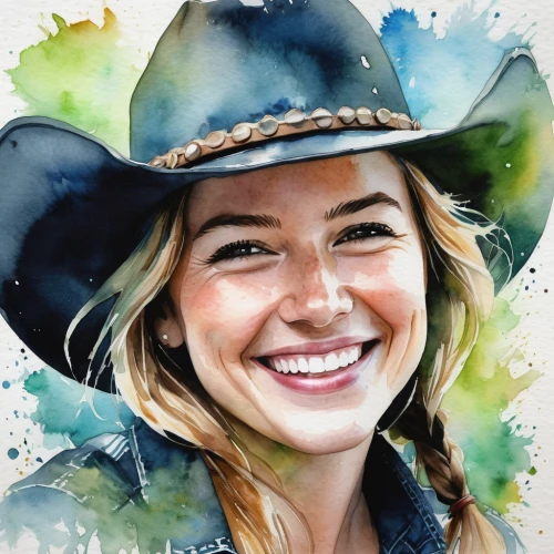 watercolor painting,watercolor paint,watercolor,watercolor pencils,wpap,sarah walker,photo painting,custom portrait,brown hat,countrygirl,cowboy hat,colour pencils,leather hat,watercolor women accessory,girl wearing hat,farm girl,cowgirl,color pencils,watercolour,water color,Conceptual Art,Fantasy,Fantasy 04