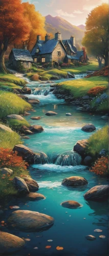 river landscape,autumn landscape,fall landscape,landscape background,water mill,rural landscape,home landscape,flowing creek,autumn idyll,brook landscape,japan landscape,autumn scenery,beautiful landscape,mountain stream,idyllic,nature landscape,new england,autumn background,mountain river,fisherman's house,Illustration,Realistic Fantasy,Realistic Fantasy 36