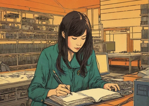 girl studying,typesetting,the girl studies press,bookstore,girl at the computer,bookshop,browsing,writing-book,study,book illustration,workspace,study room,coloring,writer,book store,paperwork,sci fiction illustration,freelance,bookworm,working space,Illustration,Japanese style,Japanese Style 21