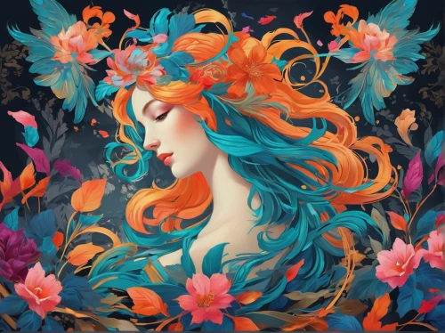 flora,girl in a wreath,kahila garland-lily,floral background,blooming wreath,mermaid background,mermaid vectors,girl in flowers,flower fairy,wreath of flowers,floral wreath,flower and bird illustration,colorful floral,falling flowers,fantasy portrait,digital illustration,floral composition,flower painting,magnolia,orange blossom,Conceptual Art,Daily,Daily 24