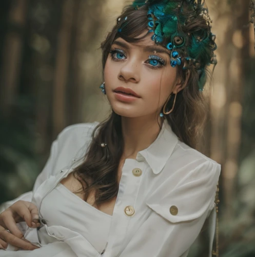 beautiful girl with flowers,vintage floral,girl in a wreath,boho,vintage girl,vintage woman,flower hat,portrait photography,flower crown,jasmine blue,girl in flowers,romantic look,vintage flowers,women's accessories,faerie,enchanting,beautiful bonnet,romantic portrait,in the forest,headpiece,Game&Anime,Manga Characters,Peacock