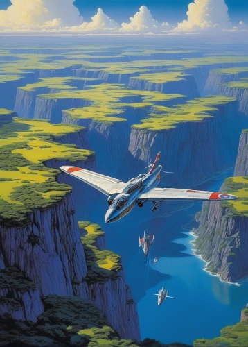futuristic landscape,take-off of a cliff,seaplane,flying island,delta-wing,aileron,x-wing,voyage,flying boat,earth rise,tiltrotor,constellation swordfish,glider pilot,evangelion eva 00 unit,gliding,travelers,adrift,canyon,air ship,hang-glider,Conceptual Art,Sci-Fi,Sci-Fi 21
