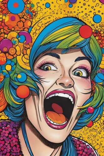 popart,psychedelic art,pop art woman,acid,effect pop art,modern pop art,ecstatic,cool pop art,pop art style,exploding head,lsd,scary clown,psychedelic,kaleidoscope art,pop art girl,clown,pop art background,creepy clown,bjork,horror clown,Illustration,American Style,American Style 13