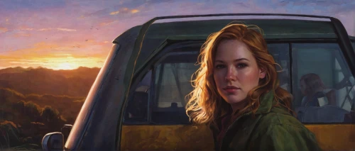 woman in the car,girl and car,girl in car,before sunrise,the girl at the station,oil on canvas,oil painting on canvas,oil painting,world digital painting,photo painting,mystical portrait of a girl,woman thinking,the girl's face,digital painting,landscape background,painting technique,girl in a long,portrait background,girl washes the car,romantic portrait,Conceptual Art,Fantasy,Fantasy 15